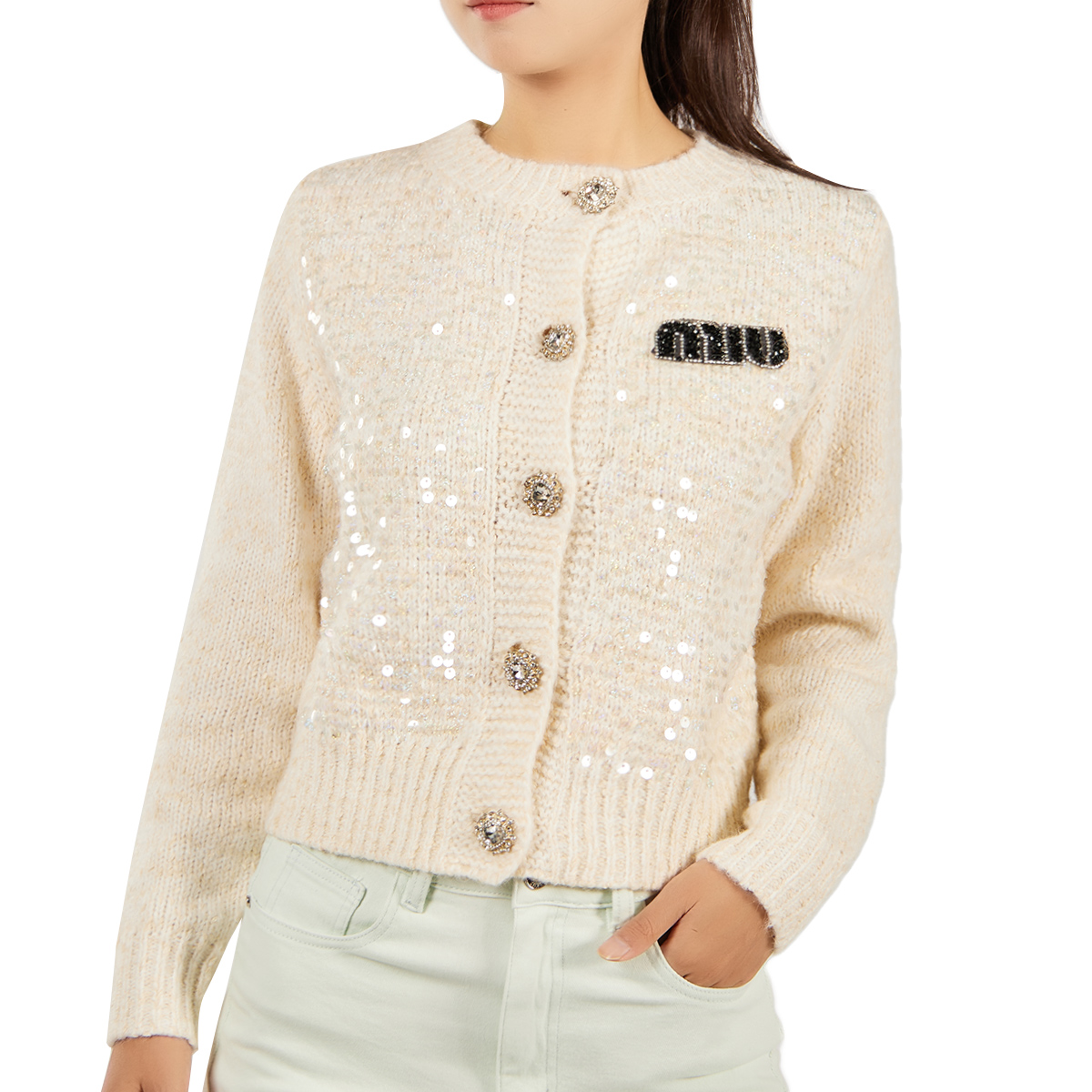 Women’s Core-Spun Yarn Cardigan with Sequin Elegant Knit Outerwear