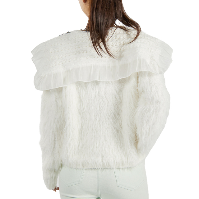 Custom Luxury Women’s Artificial Animal Hair Rhinestone Doll Collar Cardigan Elegant Soft Knit Sweater