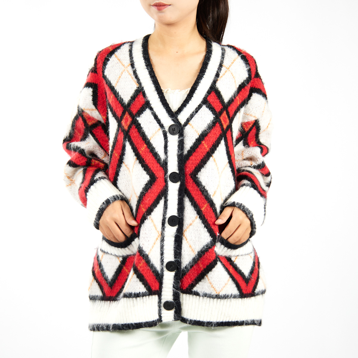 Custom Trendy Color Block Sweater Mohair Knit Cardigan for Women Oversized Unisex Knitwear
