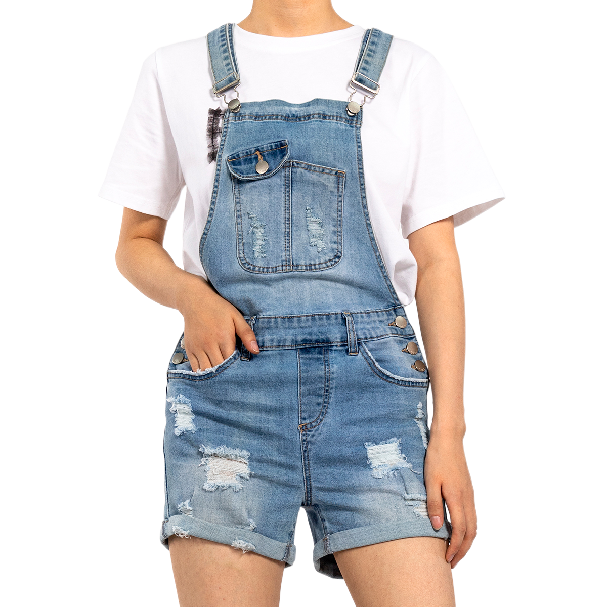 Custom Short Light Blue Denim Jumpsuit for Petite Women