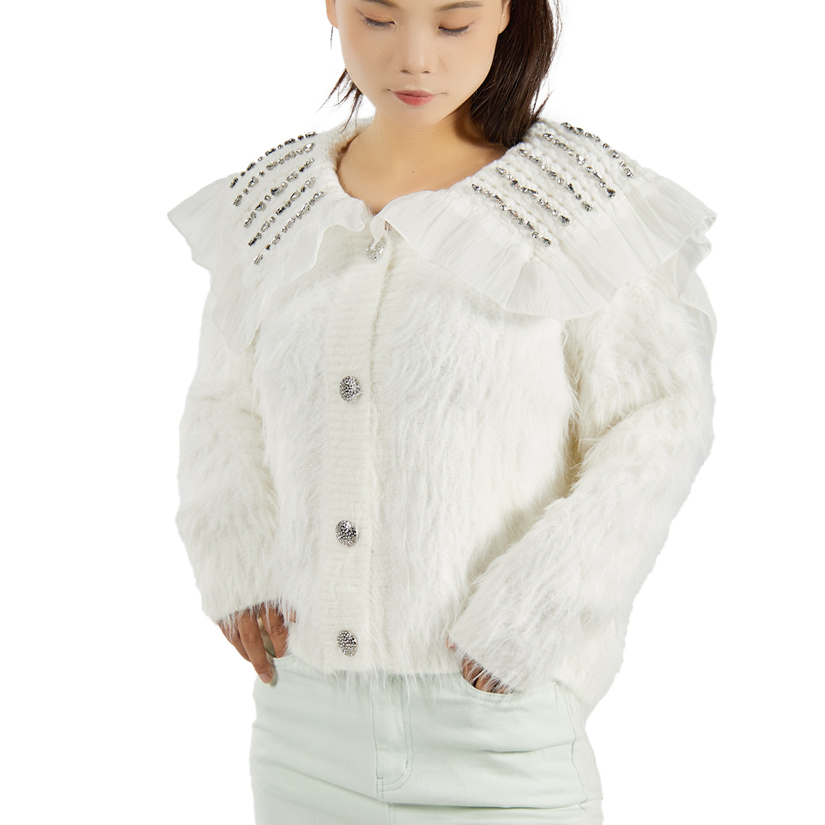 Custom Luxury Women’s Artificial Animal Hair Rhinestone Doll Collar Cardigan Elegant Soft Knit Sweater