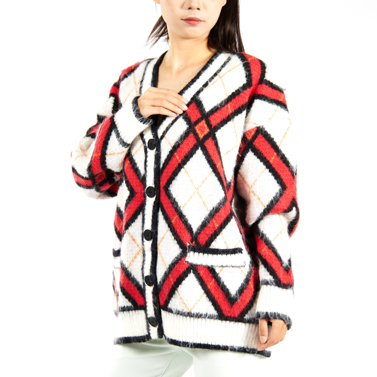 Custom Trendy Color Block Sweater Mohair Knit Cardigan for Women Oversized Unisex Knitwear