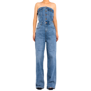 Custom Women Blue Strapless Denim Straight-leg Jumpsuit