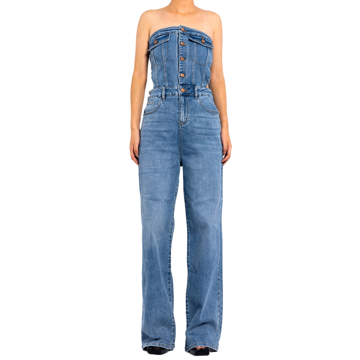 Custom Women Blue Strapless Denim Straight-leg Jumpsuit