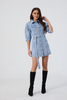 Custom Light Blue Puff-Sleeve Denim Shirt Dress with Belt Button-Down Jean Mini Dress for Women