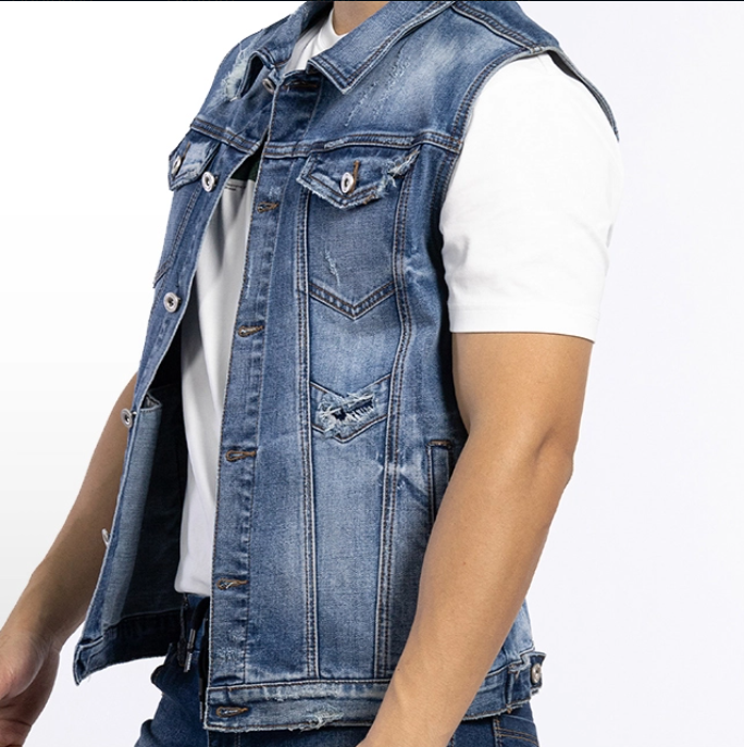 Custom Coat Factory Jean Vest Pocket Sleeveless Denim Jacket