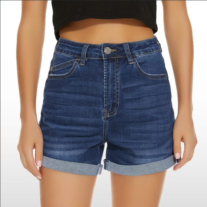 Custom Dark Blue Jean Shorts High Waisted Cuffed Shorts