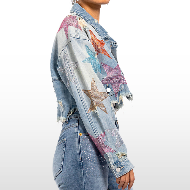 Custom Rhinestone Star Raw Hem Short Denim Jacket