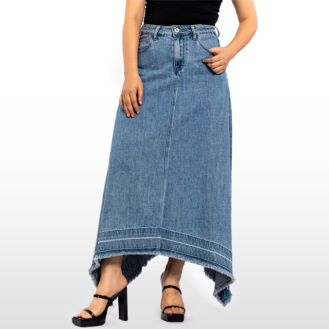 Custom Vintage Raw Hem Long Denim Skirt Loose Blue