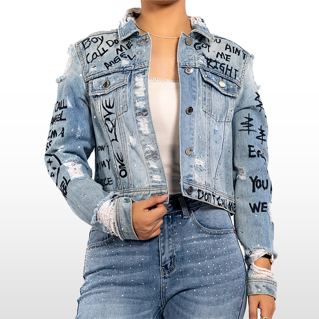 Custom Jean Jacket Printed Graffiti Heavy Wash Ripped Denim Jacket