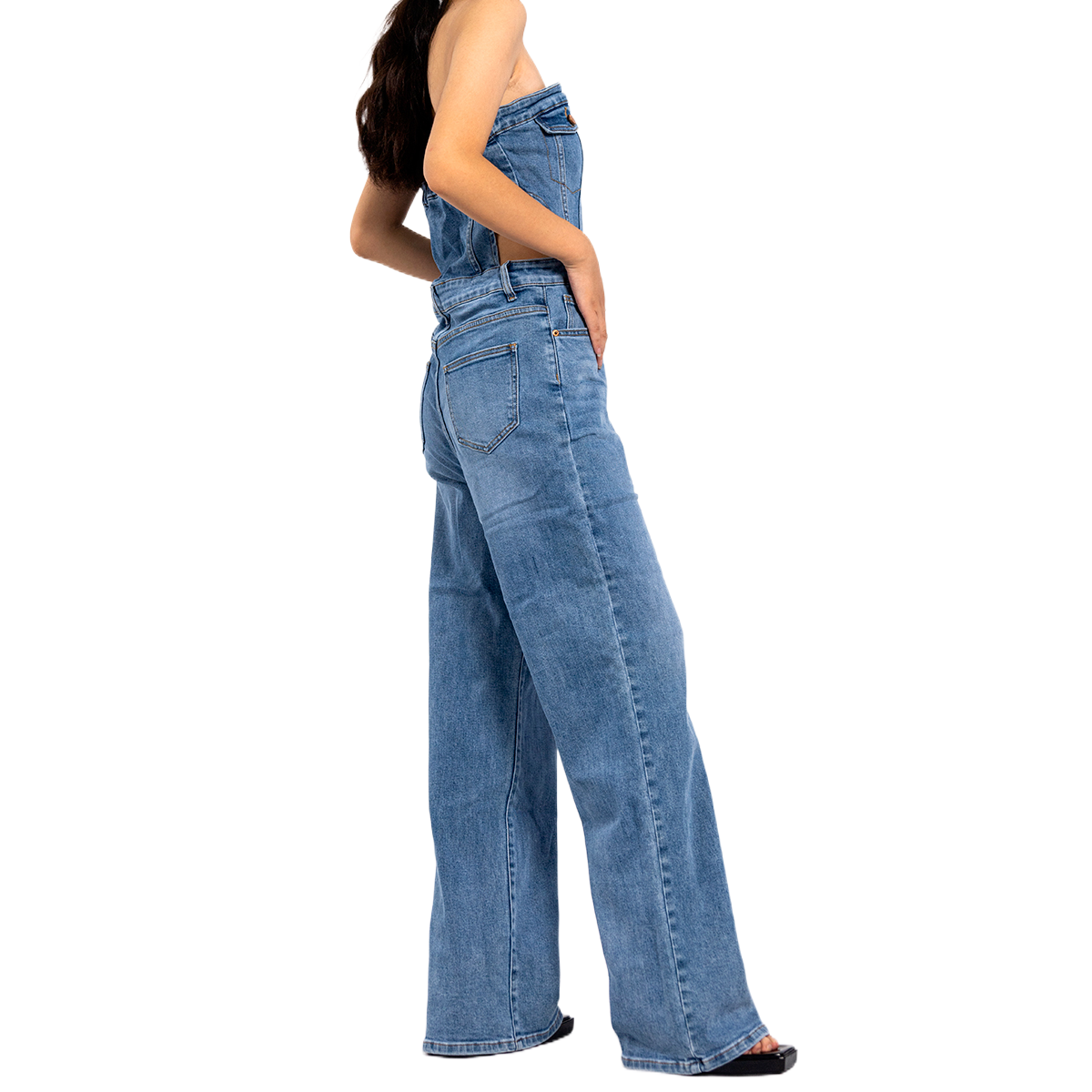 Custom Women Blue Strapless Denim Straight-leg Jumpsuit