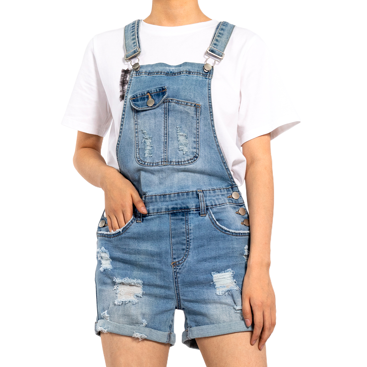 Custom Short Light Blue Denim Jumpsuit for Petite Women