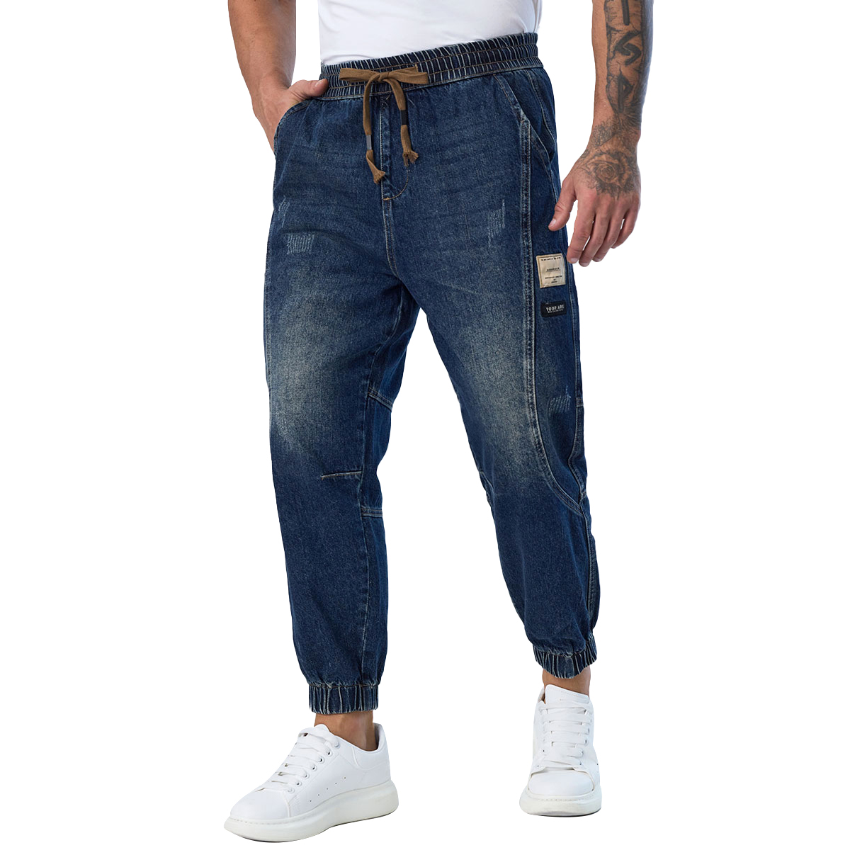 Custom Men’s Elastic Waist Denim Jogger Pants Casual Tapered Fit Streetwear Jeans