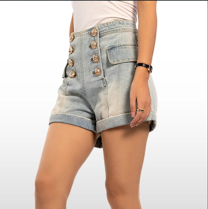 Custom Light Blue Jean Shorts Button Pocketed Cuffed Denim Shorts