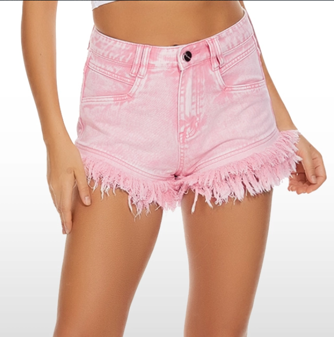 Custom Pink Raw Hem Jean Shorts for Women High Waisted Shorts