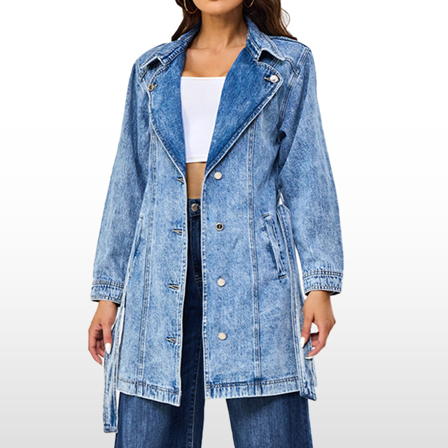 Custom Long Denim Jacket Blue Stone Washed Overalls Fashion 