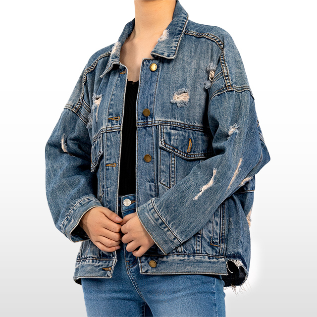 Custom Vintage Jean Jacket Pocket Long Sleeve Ripped