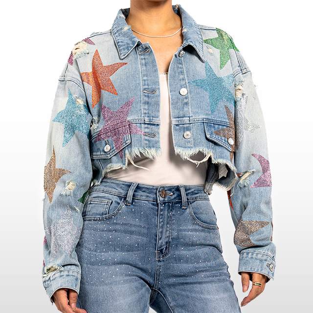 Custom Rhinestone Star Raw Hem Short Denim Jacket