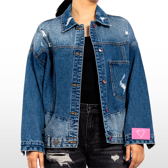 Custom Jean Jacket Dark Blue Ripped Button Logo Designer
