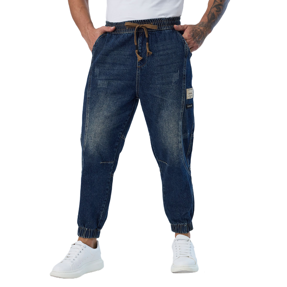 Custom Men’s Elastic Waist Denim Jogger Pants Casual Tapered Fit Streetwear Jeans