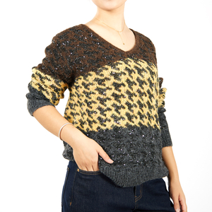 Custom Houndstooth V-Neck Sequin Contrast Knit Sweater