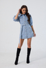 Custom Light Blue Puff-Sleeve Denim Shirt Dress with Belt Button-Down Jean Mini Dress for Women