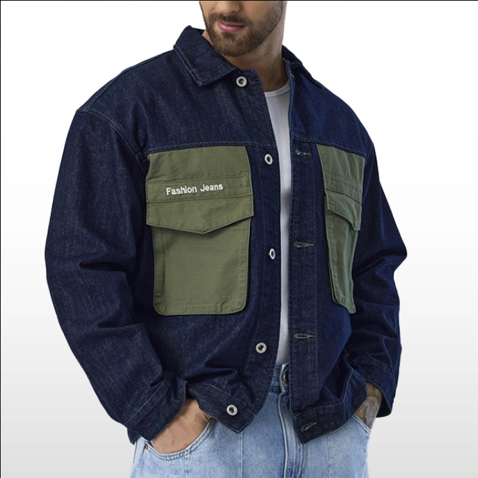 Custom Dark Blue Jacket Big Green Pockets Design Biker Jacket