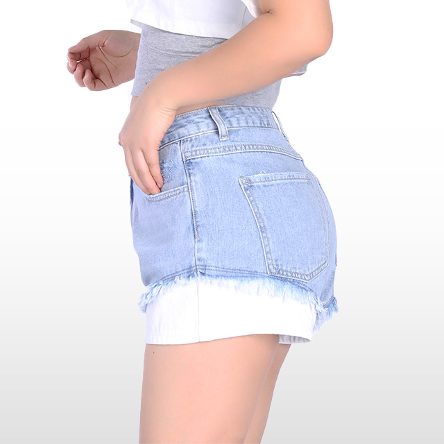 Custom Light Blue Jean Shorts Patchwork Fashion Raw Hem Shorts