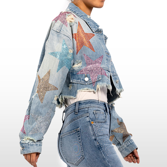 Custom Rhinestone Star Raw Hem Short Denim Jacket