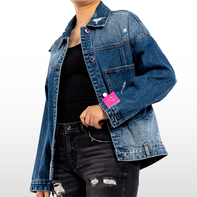 Custom Jean Jacket Dark Blue Ripped Button Logo Designer