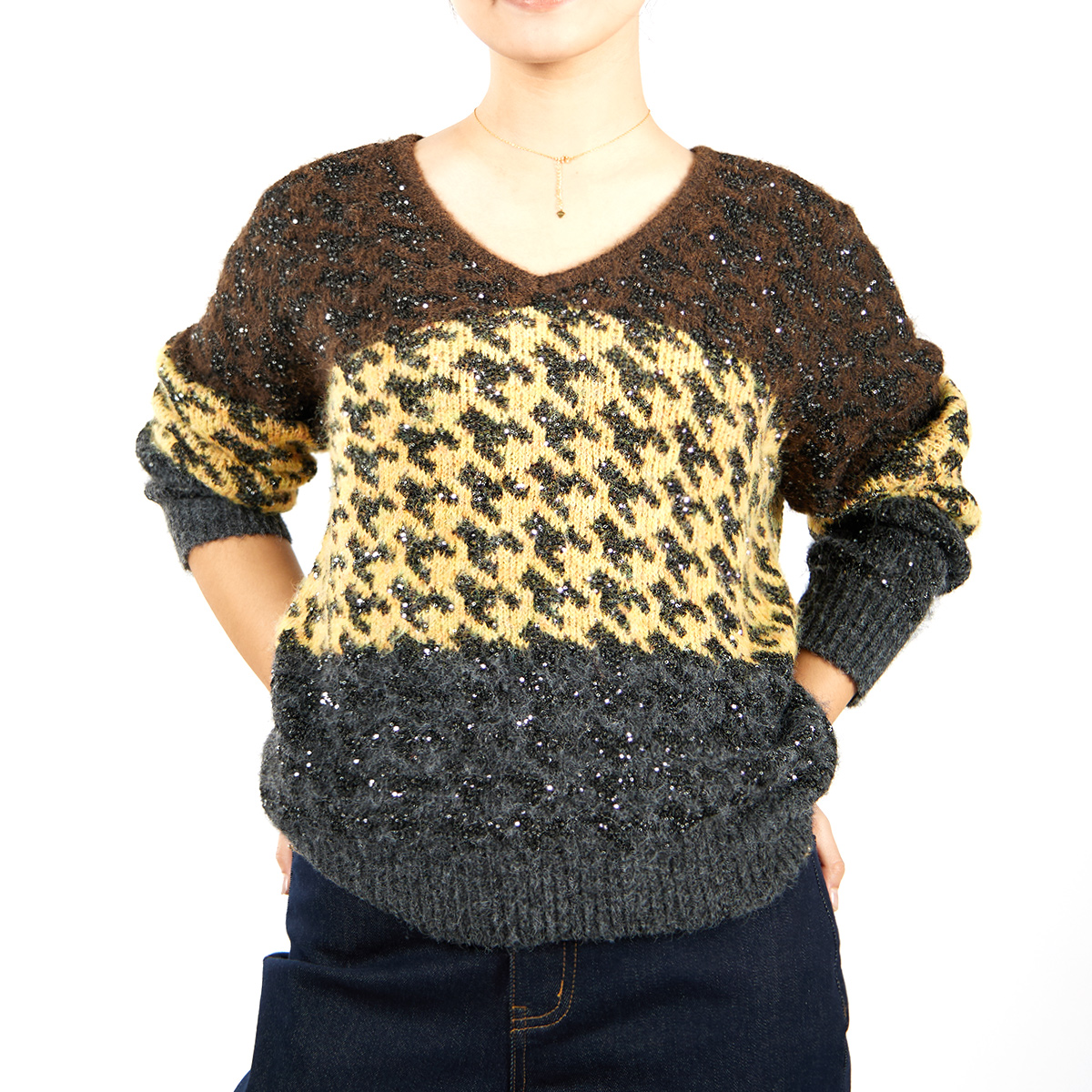 Custom Houndstooth V-Neck Sequin Contrast Knit Sweater