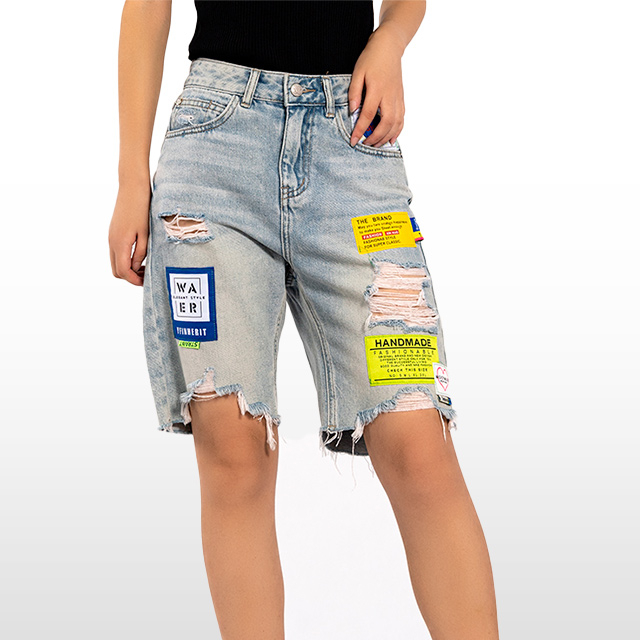 Custom Denim Shorts Ripped Patch Quilt Pattern Designer Fringe Hem