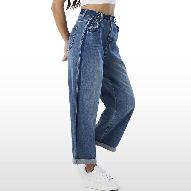 Custom Jeans Adjustable Belt High Waisted Boyfriend Wash Jeans 