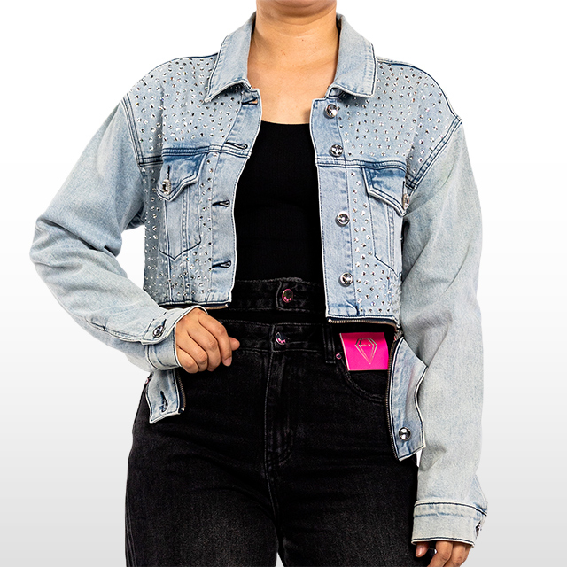 Custom Studded Denim Jeans Long Sleeve Short Fashion Jacket
