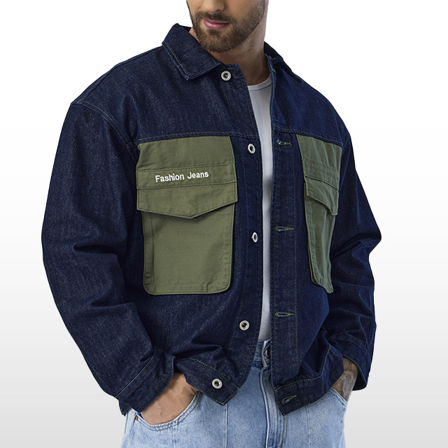 Custom Dark Blue Jacket Big Green Pockets Design Biker Jacket