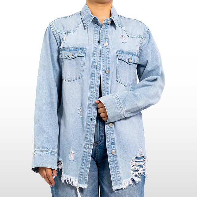 Custom Raw Hem Jean Jacket Light Blue Long Jacket