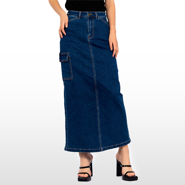 Custom Long Denim Skirt Pocket Split Design Dark Blue Skirts