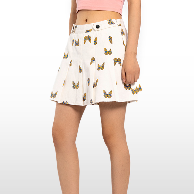 Custom Pleated Denim Skirts White Prited Butterfly Colorful Skirt 