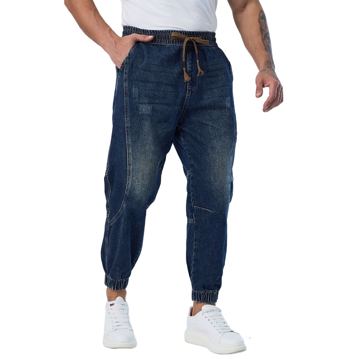 Custom Men’s Elastic Waist Denim Jogger Pants Casual Tapered Fit Streetwear Jeans