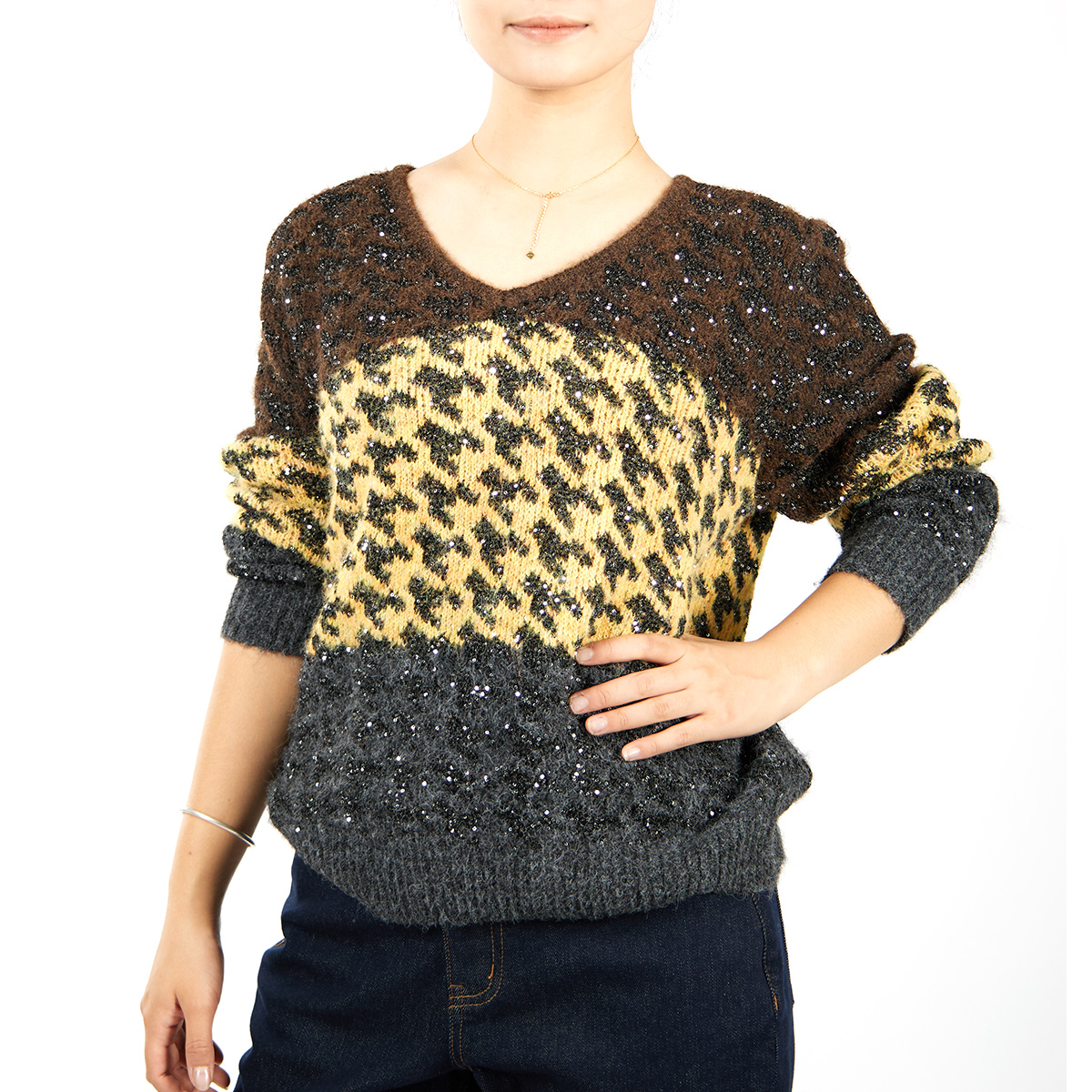 Custom Houndstooth V-Neck Sequin Contrast Knit Sweater