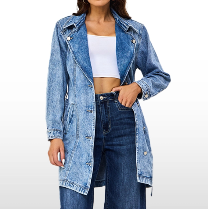 Custom Long Denim Jacket Blue Stone Washed Overalls Fashion