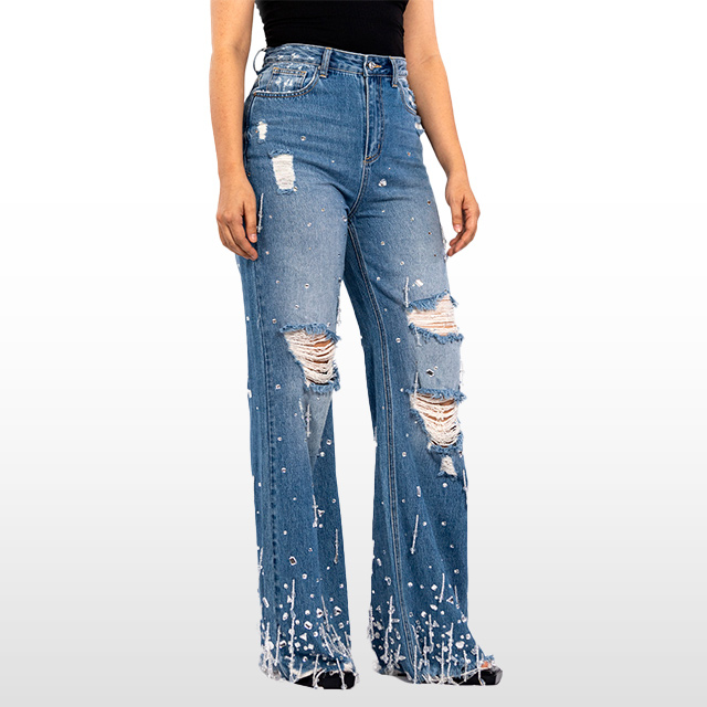 Custom Rhinestone Fringe Straight Ripped Jeans