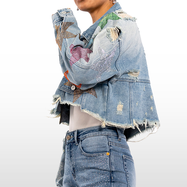 Custom Rhinestone Star Raw Hem Short Denim Jacket