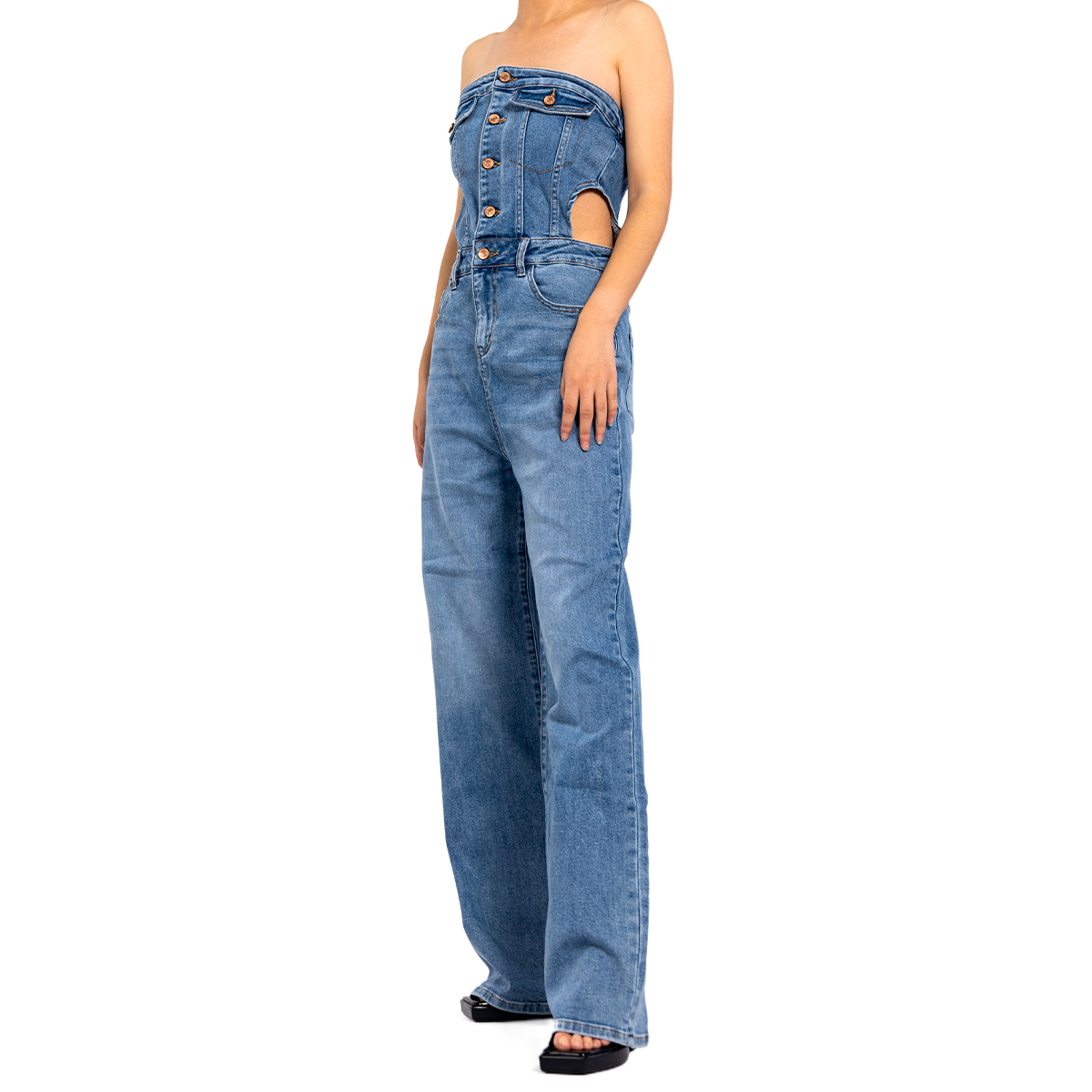 Custom Women Blue Strapless Denim Straight-leg Jumpsuit