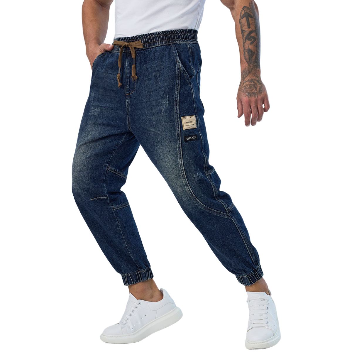 Custom Men’s Elastic Waist Denim Jogger Pants Casual Tapered Fit Streetwear Jeans