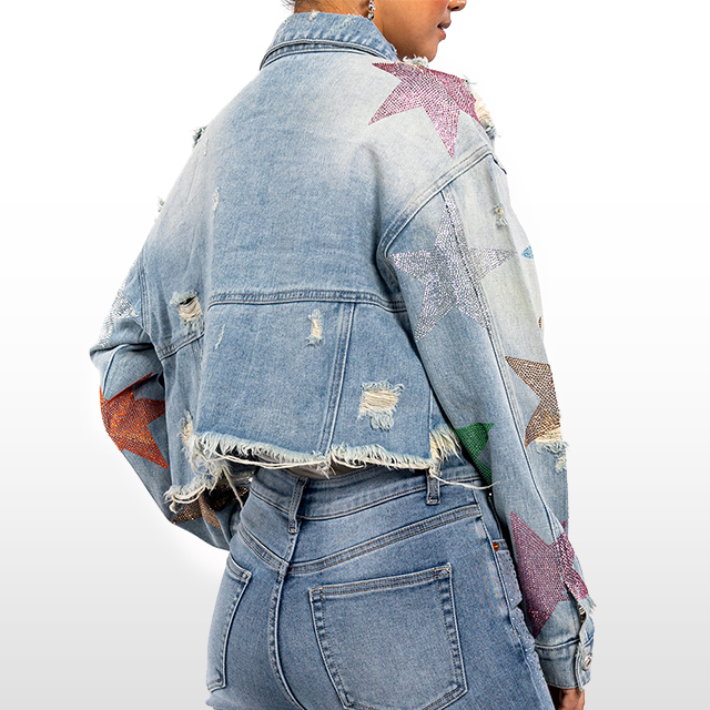 Custom Rhinestone Star Raw Hem Short Denim Jacket