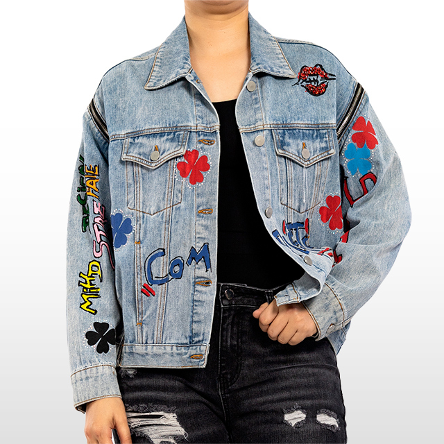 Custom Printed Graffiti Jean Jacket Light Blue Long Denim Jacket