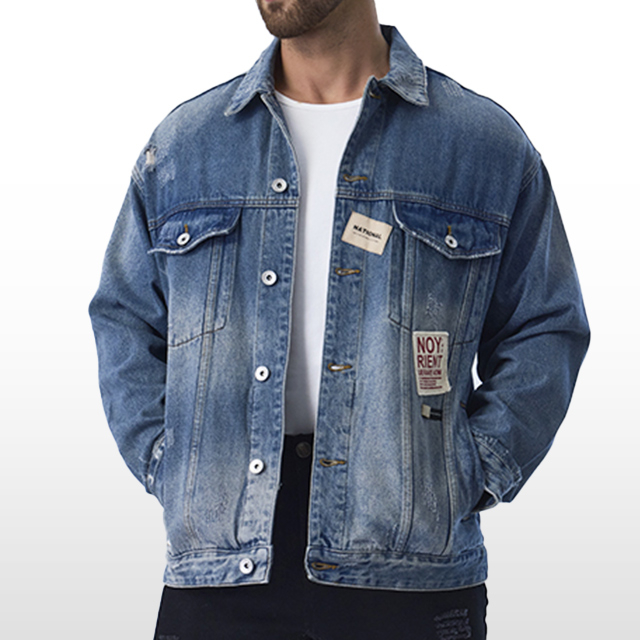 Custom Denim Jackets Ripped Button Coat Motorcycle Men Jean Jacket