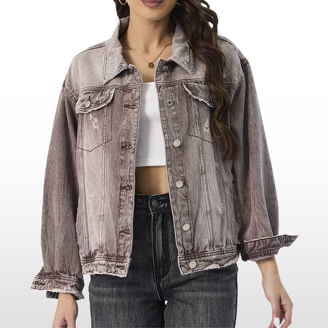 Custom Jean Jacket Stone Washed Long Sleeve Brown Vintage