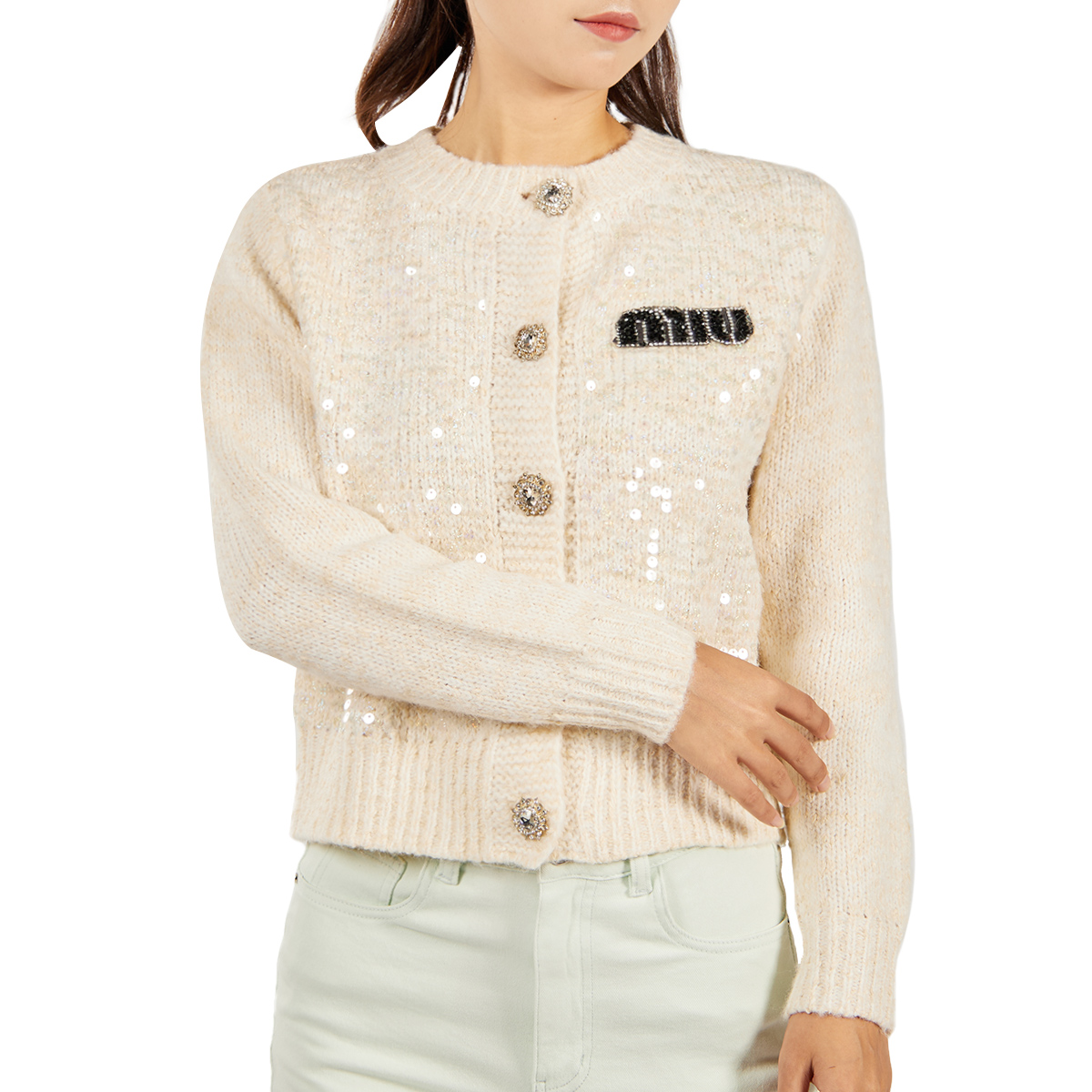 Women’s Core-Spun Yarn Cardigan with Sequin Elegant Knit Outerwear